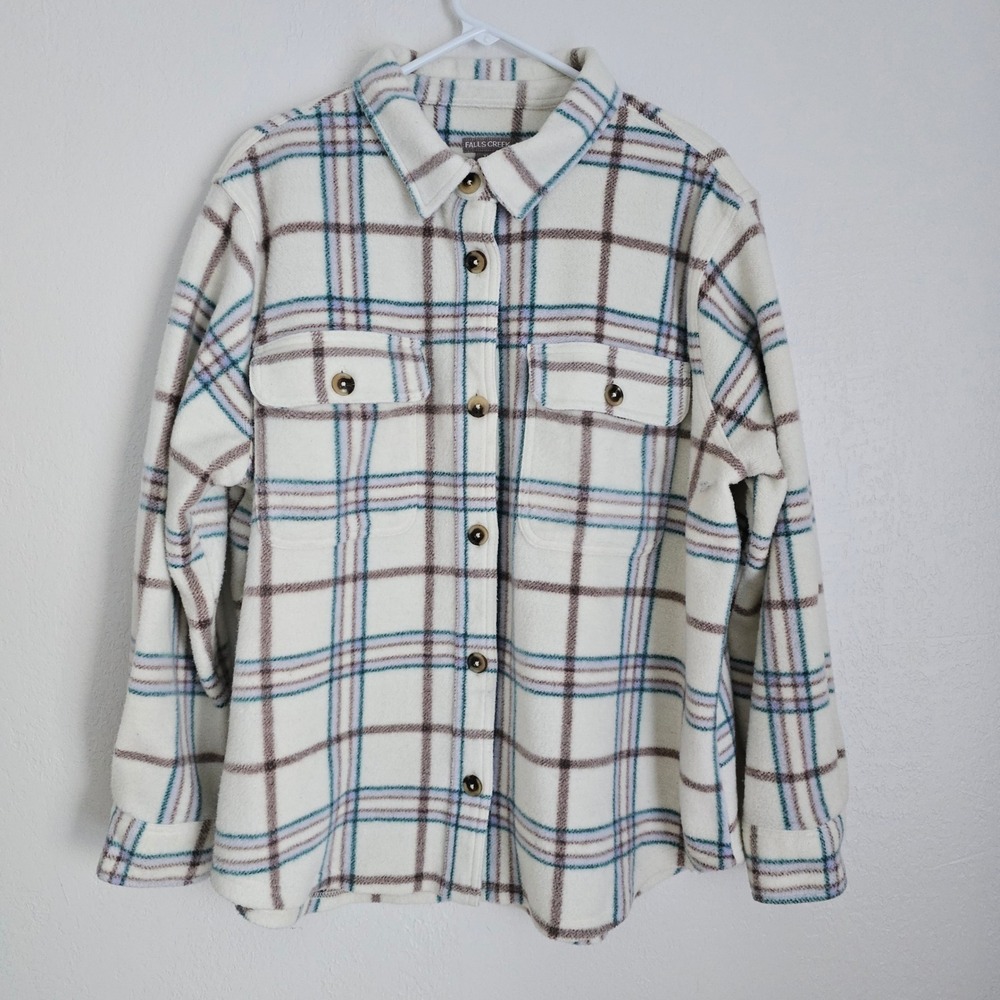 Falls Creek Womens‎ XL Plaid Fleece Shacket Button Down Shirt Gorpcore Jacket